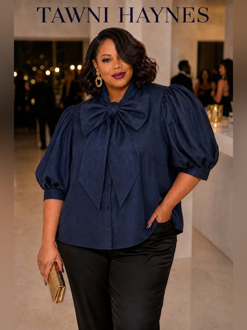Tawni Haynes Custom Denim Bow Blouse Statement Puff Sleeve Plus Size 3X 26 28